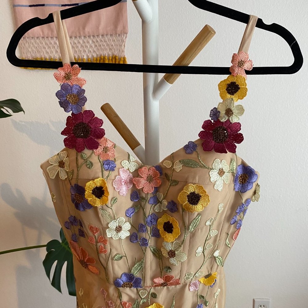 Embroidered Floral Maxi Dress in Cream and Multicolor - Picture 3 of 7